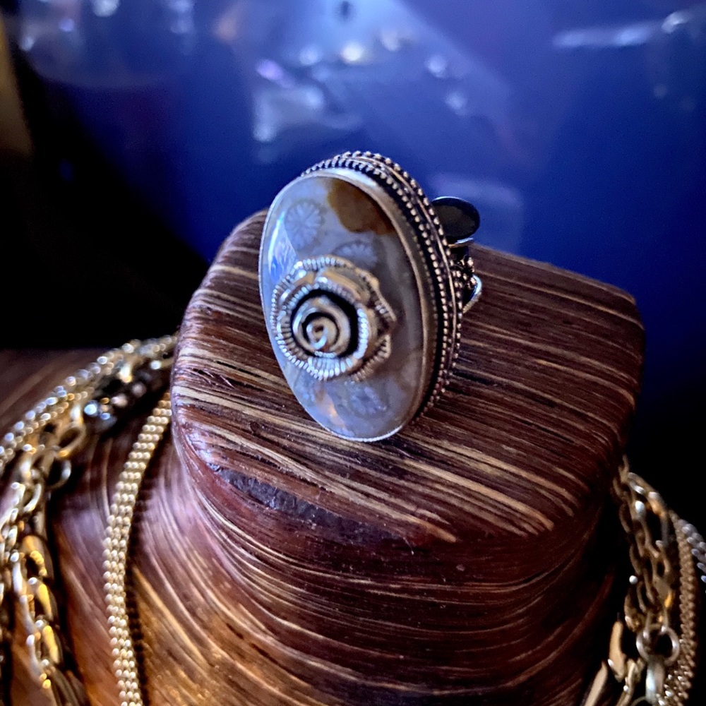 Silver Rose Fossil Coral Ring Handmade 8